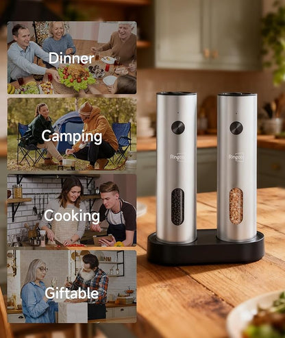 Electric Salt and Pepper Grinder Set with Charging Base, Rechargeable Salt and Pepper Mill with Adjustable Coarseness, LED Light, 110ml Large Capacity for Kitchen, Outdoors, Gifts for Women