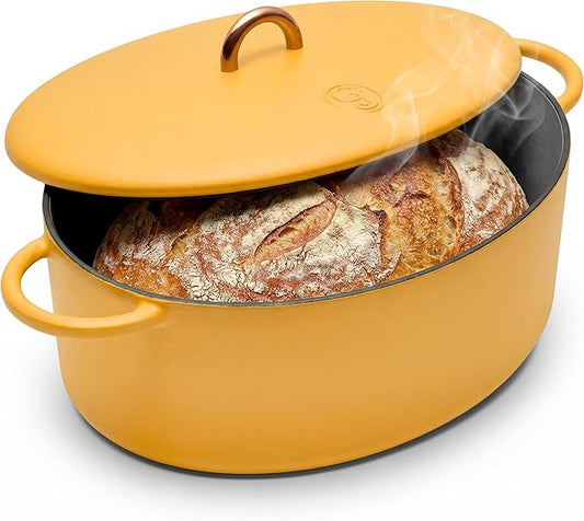 Great Jones Dutchess Cast Iron Dutch Oven Pot With Lid (Mustard) - Large 6.75 Quart Size, Dual Handles - All Stovetop Safe - 500° Dutch Oven For Bread Baking | Dishwasher Friendly