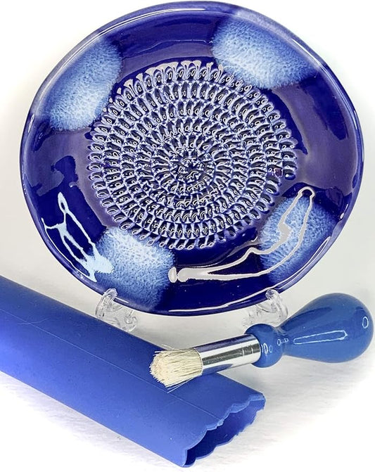 BonCera, All-in-one Premium Ceramic Garlic Grater Plate 4-Piece Set - Blue Cross Glazed Design and Style - For Garlic, Ginger, Chocolate, and more! - Comes with 5.25" Plate, Peeler, Brush, and Stand by BonCera