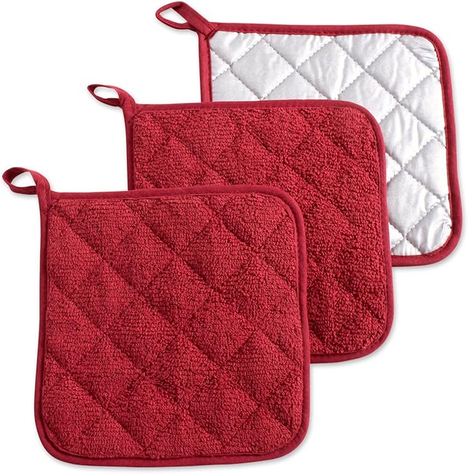 DII Basic Terry Collection Quilted 100% Cotton, Potholder, Barn Red, 3 Piece by DII