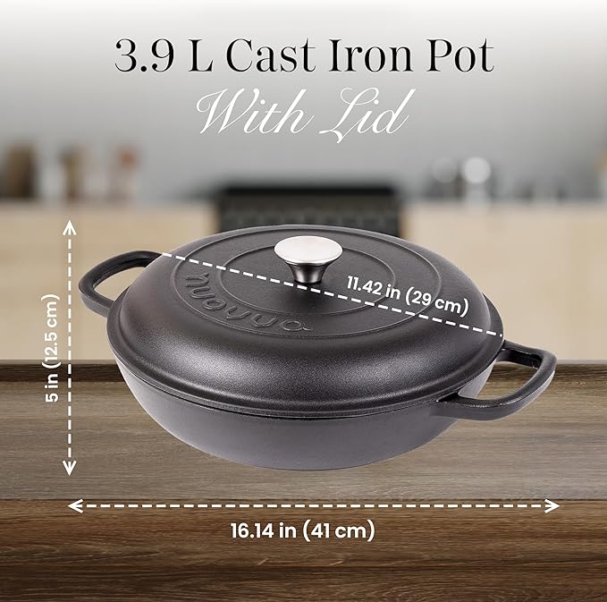 Shallow Cast Iron Casserole with Lid – Non Stick Dutch Oven Pot, Oven Safe up to 500° F – Sturdy Ovenproof Stockpot Cookware – Enamelled Cooking Pot – Black, 3.7-Quart, 30cm – by Nuovva