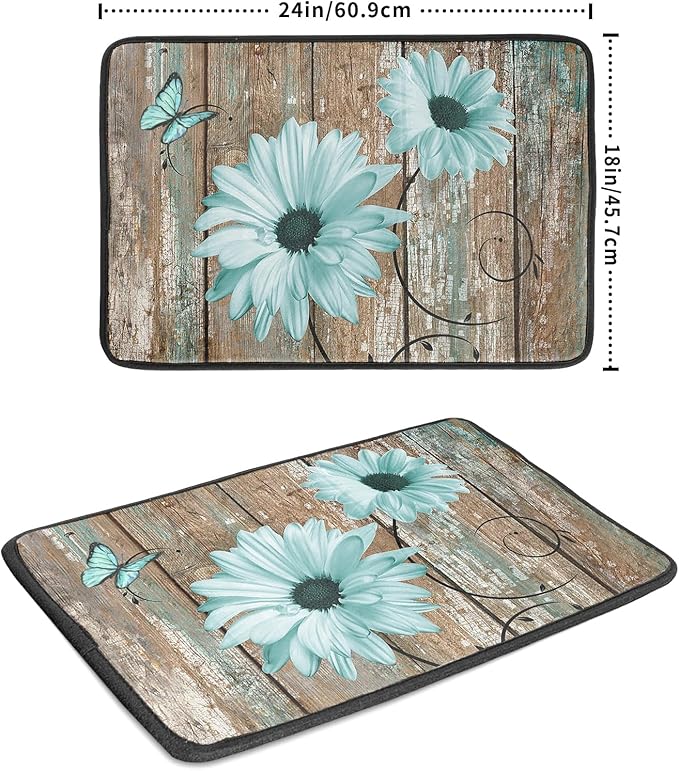 Giwawa Rustic Daisy Dish Drying Mat for Kitchen Countertop 18x24 inch Teal Sunflowers on Wooden Board Dish Drainer Mats Fast Drying Country Vintage Shabby Chic Flower Dish Drying Pad Decor Large