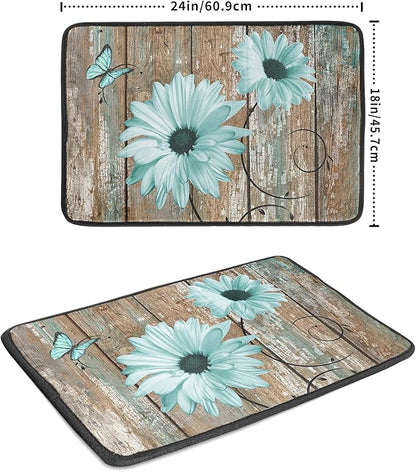 Giwawa Rustic Daisy Dish Drying Mat for Kitchen Countertop 18x24 inch Teal Sunflowers on Wooden Board Dish Drainer Mats Fast Drying Country Vintage Shabby Chic Flower Dish Drying Pad Decor Large