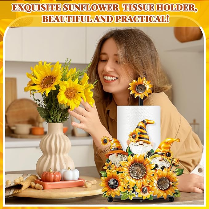 Thyle Sunflower Paper Towel Holder Summer Sunflower Gnome Kitchen Decor and Accessories Rustic Farmhouse Dispenser Kitchen Paper Holder Stand with Round Base for Countertop Toilet Home Accessories