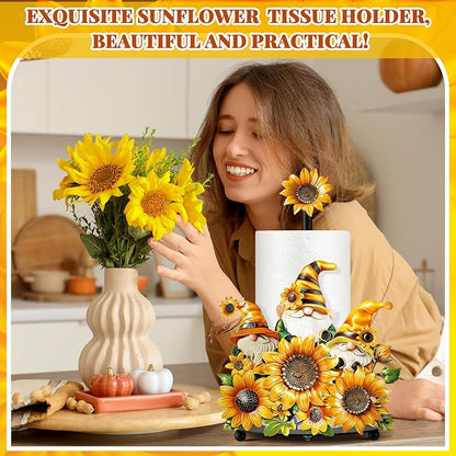 Thyle Sunflower Paper Towel Holder Summer Sunflower Gnome Kitchen Decor and Accessories Rustic Farmhouse Dispenser Kitchen Paper Holder Stand with Round Base for Countertop Toilet Home Accessories