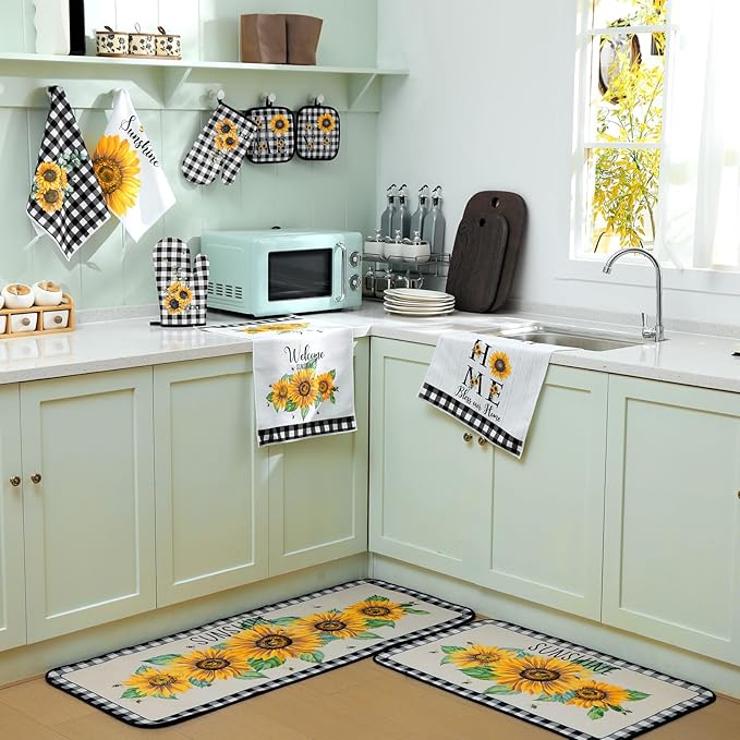 Fourluoo 10 Pcs Sunflower Kitchen Decor 4 Black and White Buffalo Plaid Dish Towels 2 Buffalo Check Pot Holders 2 Rustic Sunflower Oven Mitts 2 Yellow Rugs for Cooking Baking Mom Housewarming Gift - Image 6