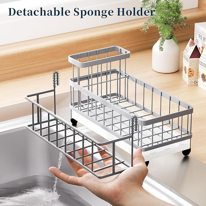 Consumest Sponge Holder for Kitchen Sink - Auto Draining Sink Caddy Organizer with Detachable Rack, High Brush Holder, Kitchen Countertop Storage Accessories, Grey - Image 4
