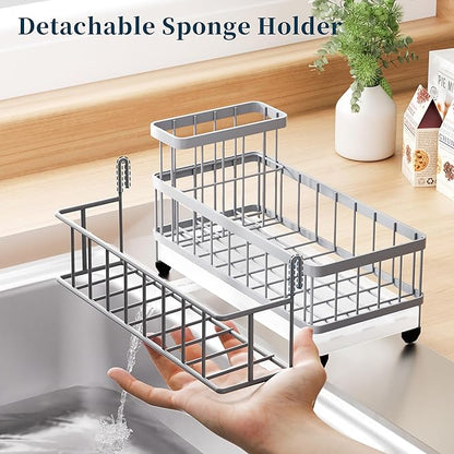 Consumest Sponge Holder for Kitchen Sink - Auto Draining Sink Caddy Organizer with Detachable Rack, High Brush Holder, Kitchen Countertop Storage Accessories, Grey - Image 4