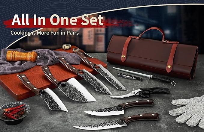 DRGSKL Serbian Chef Knife Set - Hand Forged Knife Set with Bag - Full Tang Kitchen Knives with High Carbon Steel - Meat Cleaver Butcher Boning Knives for Brisket Trimming - Gifts for Mom - Image 2