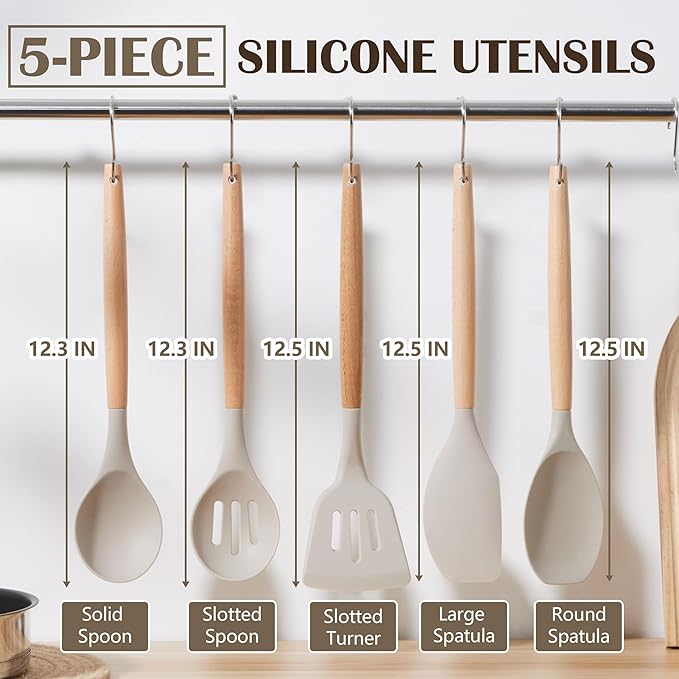 E-far Silicone Cooking Utensils Set, 5-Piece Kitchen Utensils Set with Wooden Handle for Cooking, Silicone Kitchen Nonstick Tools Spatula Turner Slotted Spoons, Nontoxic & Heat Resistant-Khaki - Image 2