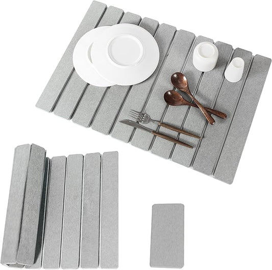 2pcs Stone Dish Drying Mat for Kitchen Counter, Quick-Dry Diatomaceous Earth Water Absorbent Pad & Countertop Drainer, Home Essentials for Bath and Pets - Light Grey, 24x16’’ & 8x4’’
