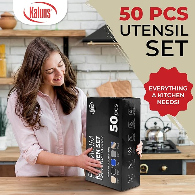 Kaluns 50 PCS Silicone Kitchen Utensils Set Complete Kitchen Set - 800°F Heat Resistant Non-Stick Premium Cooking Utensils W Wooden Handles - Can Opener, Masher, Turner, Silicone Spatula Set - Image 3