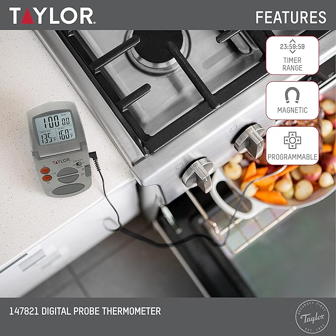 Taylor Programmable Instant-Read Wired Probe Digital Meat Thermometer, Stainless Steel for BBQ, Grill, Kitchen Cooking, Accurate Temperature Readings - Image 3