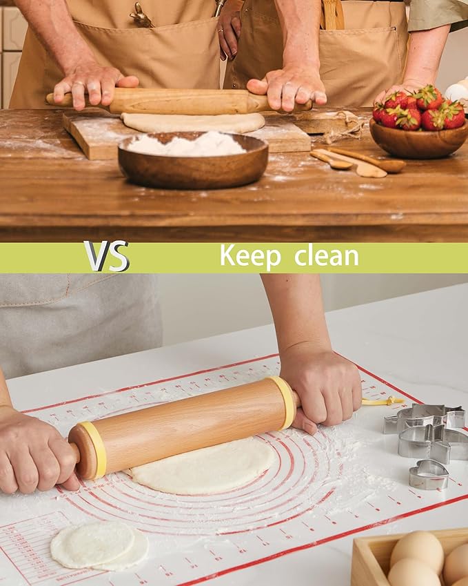 Classic Wood Rolling Pin, 17" Rolling Pins for Baking with Silicone Mat and Adjustable Thickness Rings, Pasta Roller with Wood Base, Fondant Roller for Pie Crust, Cookies, Pizza Dough and Bread - Image 6