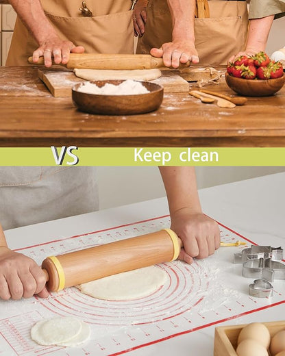 Classic Wood Rolling Pin, 17" Rolling Pins for Baking with Silicone Mat and Adjustable Thickness Rings, Pasta Roller with Wood Base, Fondant Roller for Pie Crust, Cookies, Pizza Dough and Bread - Image 6