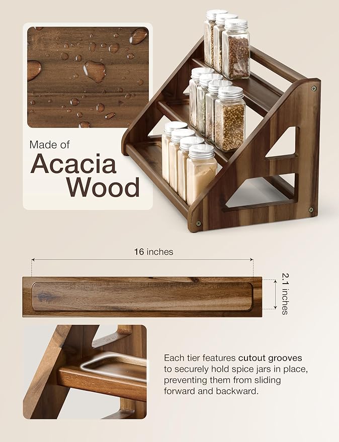 Tinamo Acacia Wood Spice Rack - Wooden 3-Tier Spice Rack Organizer for Countertop or Cabinet – Kitchen Spice Organizer and Seasoning Organizer Shelf (Walnut) - Image 3