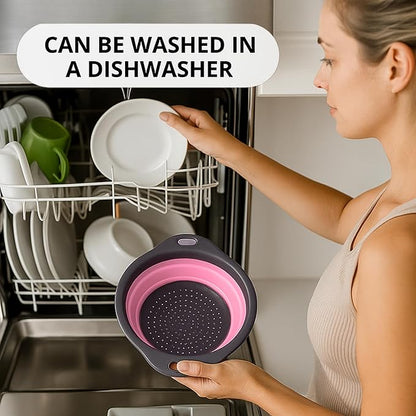 Pink Round Silicone Collapsible Colander – Small Silicone Round Kitchen Strainers with Plastic Handles Foldable Kitchen Strainer Perfect for Draining Pasta Vegetable and Fruit - Image 5