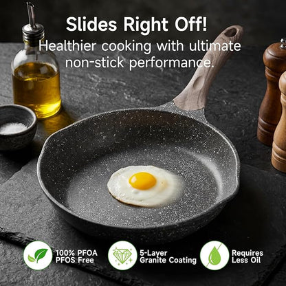 JEETEE 9.5 Inch Nonstick Frying Pan Stone Coating Cookware, Nonstick Omelette Skillet with Soft Touch Handle, Compatible with All Stoves - Image 2