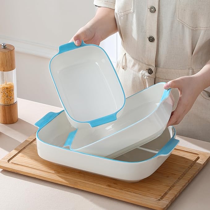 MALACASA Casserole Dishes for Oven, Ceramic Baking Dishes Set of 3, Rectangular Lasagna Pan Deep Baking Pans, Bakeware Sets with Handles Gift Set, White with Blue Trim(13.8''/11.7''/9.4''), Series BAKE - Image 9