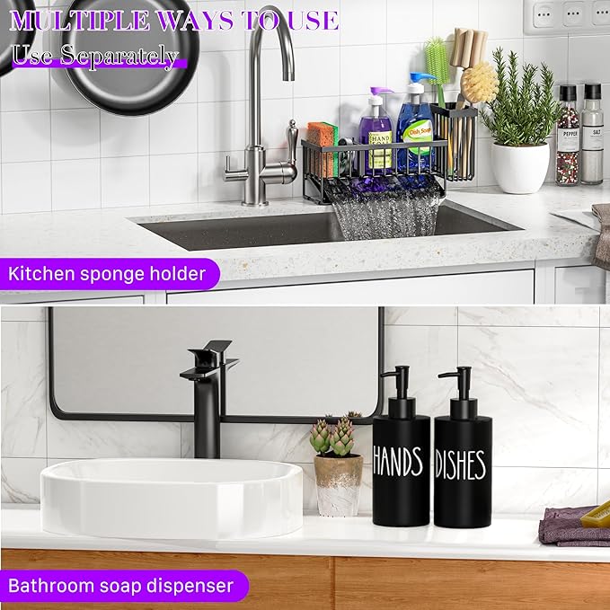 MASADI Kitchen Dish Soap Dispenser Set with Sponge Holder, 12OZ Glass Bottle, Hand and Dish Soap Dispenser Set, Non-Slip Silicone Pad, Brush Holder, Kitchen Sink Organizer Countertop (Black) - Image 3