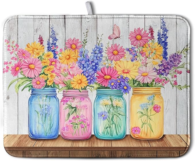 Daisy Dish Drying Mat for Kitchen Counter Spring Summer Flowers Vases Dishes Pad Microfiber Absorbent Dish Draining Mats Rustic Farmhouse Floral Wooden Board Dish Drainer Rack Mat 18x24 Inch by Kwlegh