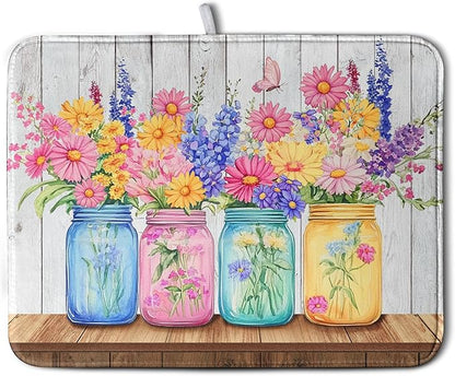 Daisy Dish Drying Mat for Kitchen Counter Spring Summer Flowers Vases Dishes Pad Microfiber Absorbent Dish Draining Mats Rustic Farmhouse Floral Wooden Board Dish Drainer Rack Mat 18x24 Inch by Kwlegh