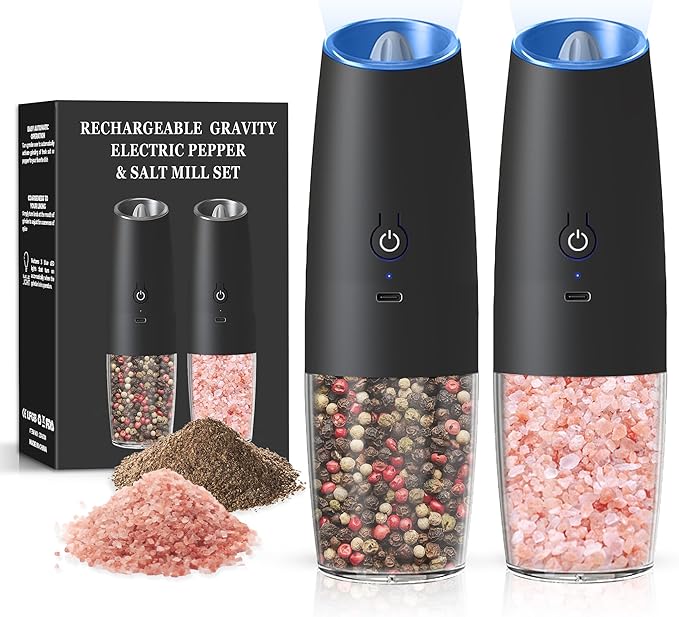 Rechargeable Salt And Pepper Grinder Set with LED Light, Automatic Electric Gravity Salt And Pepper Shakers Set, No Battery Needed, Adjustable Roughness, 2 Pack (Black) by Unknown