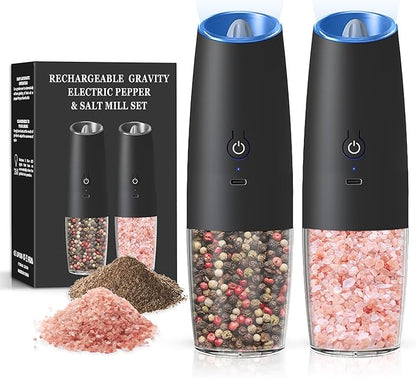 Rechargeable Salt And Pepper Grinder Set with LED Light, Automatic Electric Gravity Salt And Pepper Shakers Set, No Battery Needed, Adjustable Roughness, 2 Pack (Black) by Unknown