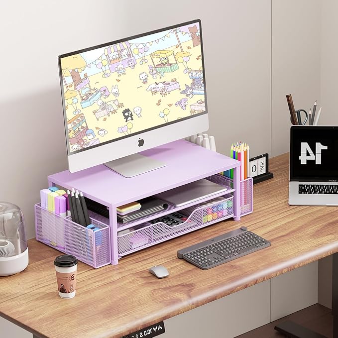 OPNICE Desk Organizers and Accessories, 2-Tier Computer Monitor Stand Riser with Drawer and 2 Pen Holders, Laptop Stand, Office Desk Accessories & Office Decor for Women, Purple - Image 5