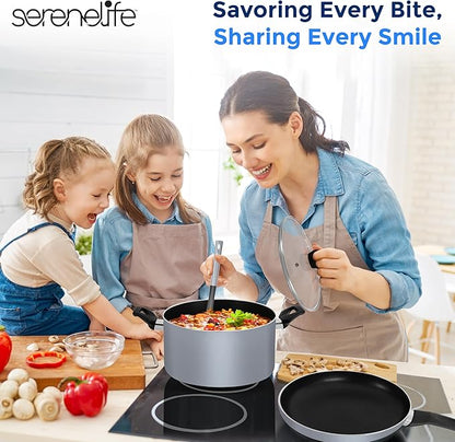SereneLife Kitchenware Pots & Pans Basic Kitchen Cookware, Black Non-Stick Coating Inside, Heat Resistang Lacquer (11 Piece set), One Size, Gray - Image 7