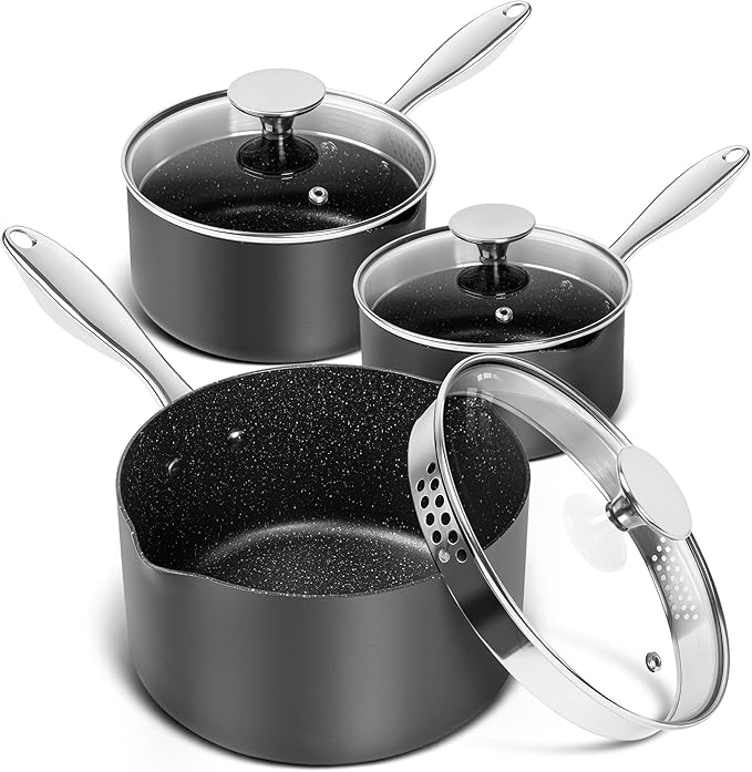 MICHELANGELO Hard Anodized Saucepan Set with Lids, Nonstick Saucepan with Pour Spouts & Strainer Lid for Easy Pour, Granite Derived Coating Sauce Pot Set - 1.5QT & 2QT &3QT Induction Sauce Pans by Michelangelo