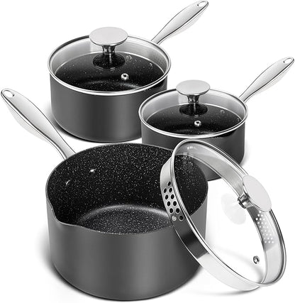 MICHELANGELO Hard Anodized Saucepan Set with Lids, Nonstick Saucepan with Pour Spouts & Strainer Lid for Easy Pour, Granite Derived Coating Sauce Pot Set - 1.5QT & 2QT &3QT Induction Sauce Pans by Michelangelo