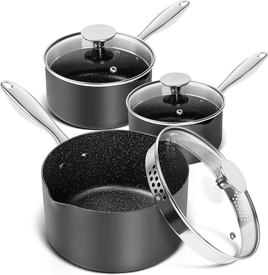 MICHELANGELO Hard Anodized Saucepan Set with Lids, Nonstick Saucepan with Pour Spouts & Strainer Lid for Easy Pour, Granite Derived Coating Sauce Pot Set - 1.5QT & 2QT &3QT Induction Sauce Pans by Michelangelo