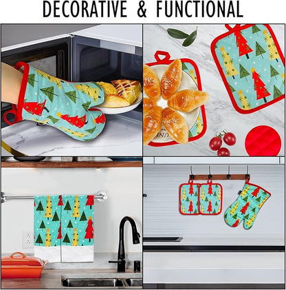 Oven Mitts and Potholders Dish Towles Set 100% Cotton for Perfect for Gifting, Baking and Everyday Cooking Durable Heat Resistant for Kitchen (5-Piece Christmas Tree) - Image 7