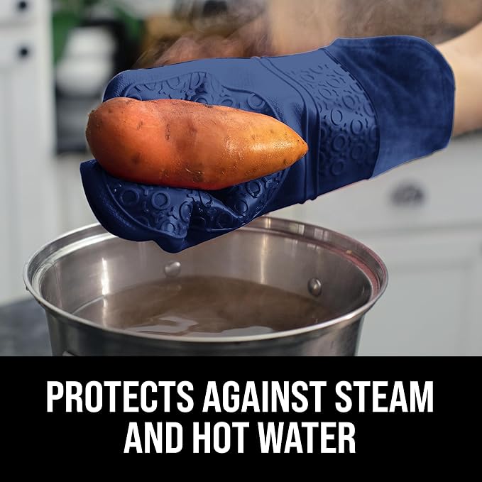 BPA-Free Soft Silicone Oven Mitts - Ultra Heat Resistant Oven Mitts with Thick Cotton Liner - Extra Long Slip Resistant Pot Holders, Flexible Oven Gloves - Navy 14.7" - Image 4