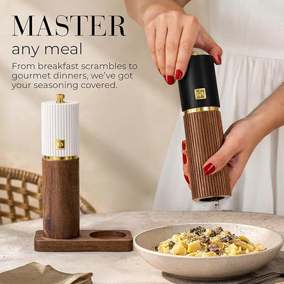 Wooden Salt and Pepper Grinder Set – Refillable Manual Salt and Pepper Mills with Adjustable Ceramic Burrs, Gold Detailing, and Wood Stand – White, Black and Acacia - Image 7