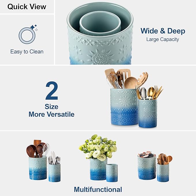 LOVECASA Utensil Holder, 7.2"+5.4" Ceramic Utensil Holder for Countertop, Large Cooking Utensil Crocks for Kitchen Counter, Farmhouse Utensil Vase for Housewarming, Kitchen Decor, Set of 2, Oceans - Image 9