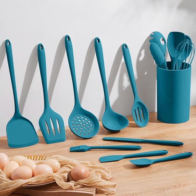 Homikit Silicone Cooking Utensils Set, 15-Piece Nonstick and Heat Resistant Kitchen Utensil Spatula Set with Holder, Kitchen Gadgets Home Essentials & Pots and Pans Accessories, Blue - Image 7