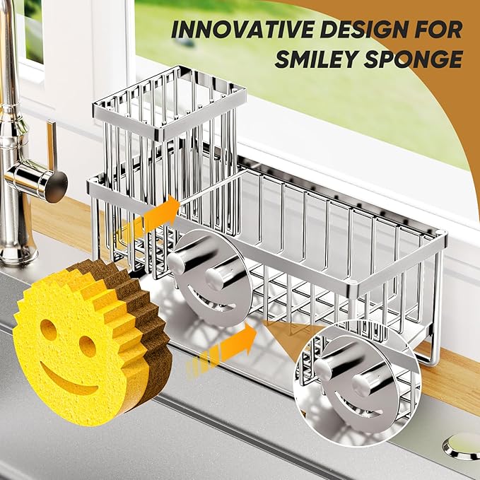Sponge Holder for Kitchen Sink,Smiley Face Sink Caddy with Removable Brush Holder,Self-Draining Sponge Caddy for Soap,Dish Brush,Scrubber,Kitchen Essentials and Gadgets-Silver - Image 4