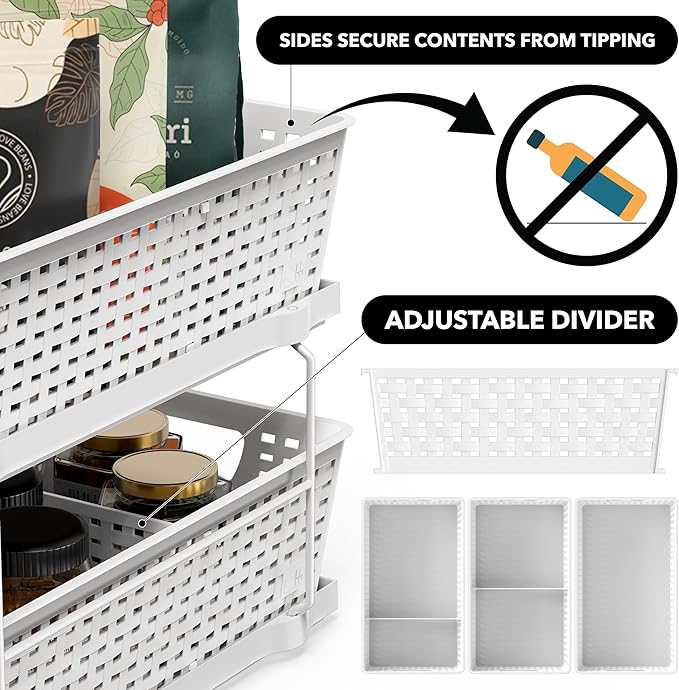 Simple Houseware 2 Tier Bathroom Organizer Tray Pull-Out Sliding Drawer, Under Sink Storage, White - Image 4