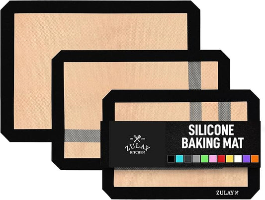 Zulay Kitchen Silicone Baking Mat Sheet Set (3 sizes) - Reusable Baking Mat Nonstick - Half Sheet Baking Mat For Oven (Black, 3 Pack)