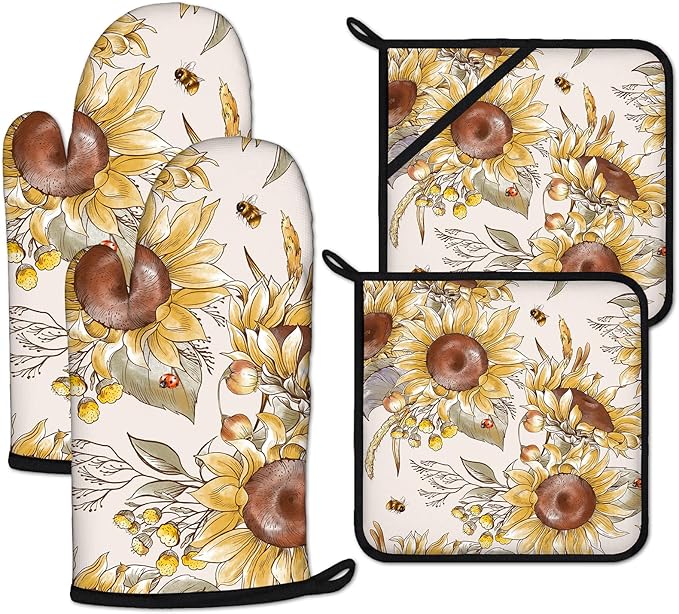 Watercolor Sunflower Oven Mitts and Pot Holders Sets Heat Resistant 4Pcs Potholders Oven Gloves Hot Pads for Kitchen Baking Cooking Grilling BBQ