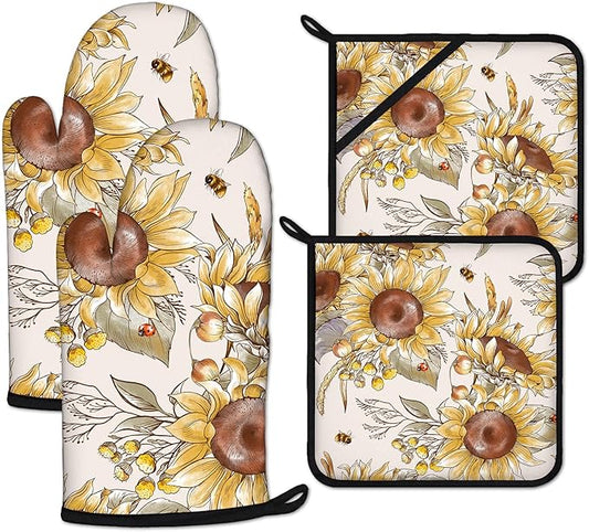 Watercolor Sunflower Oven Mitts and Pot Holders Sets Heat Resistant 4Pcs Potholders Oven Gloves Hot Pads for Kitchen Baking Cooking Grilling BBQ