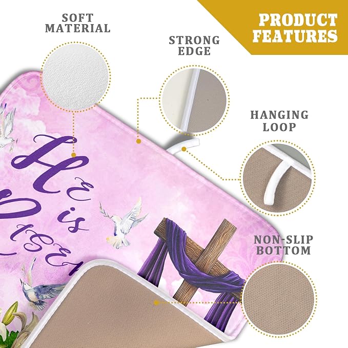 Giwawa Easter Purple Dish Drying Mat, He is Risen Cross Lamb Floral Dish Drainer Mats, Spring Lily Flowers Reversible Dish Drying Rack Pad Protector for Kitchen Countertop Decor, 16"x18"