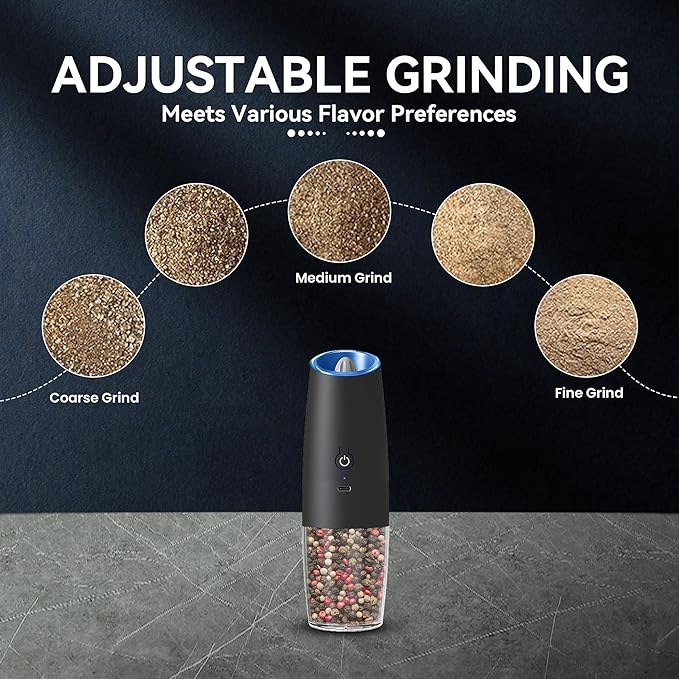 UNNEES Rechargeable Electric Salt and Pepper Grinder, gravity electric salt and pepper grinder, Adjustable Roughness, LED Light, 1 Pack, (Black) - Image 3