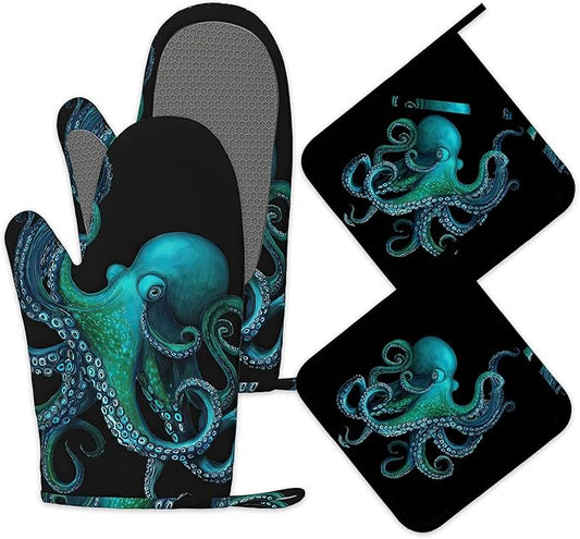 Oven Mitts and Pot Holders Green Octopus Silicone Kitchen Accessories Set of 4 Heat Resistant Gloves Potholder Non-Slip Grip for Chef Cooking Baking Grilling BBQ