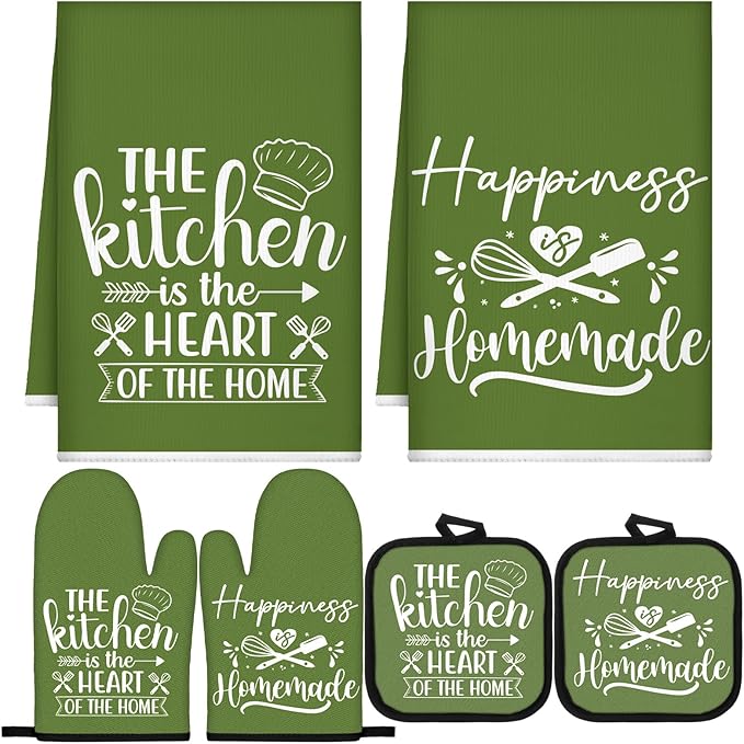 Sratte 6 Pcs Kitchen Decor Accessories Set Farmhouse Towels Pot Holders Oven Mitts Set 2 Dish Towels 2 Potholders 2 Cooking Mittens Oven Glove for Christmas Baking Cooking(Avocado Green,Kitchen) by Sratte