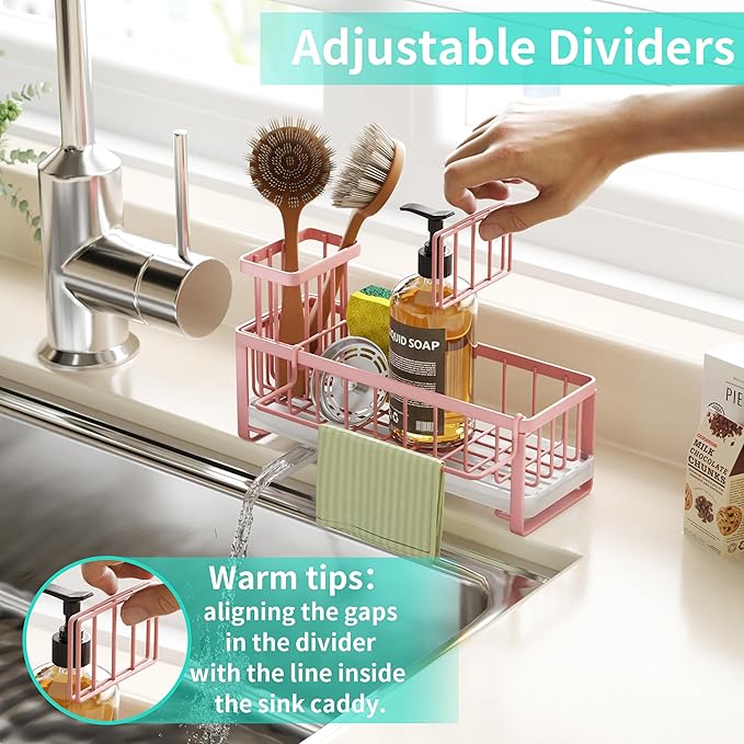 HapiRm Sponge Holder for Kitchen Sink - Self-draining Sink Caddy with Brush and Dishcloth Holders, Stainless Steel Kitchen Organizer for Countertop - Pink - Image 4