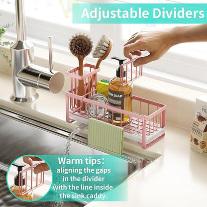 HapiRm Sponge Holder for Kitchen Sink - Self-draining Sink Caddy with Brush and Dishcloth Holders, Stainless Steel Kitchen Organizer for Countertop - Pink - Image 4