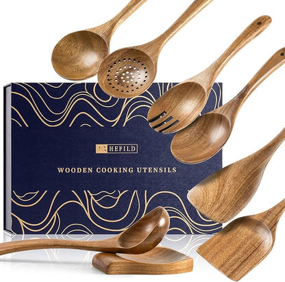 Wooden Spoons for Cooking, Nonstick Cooking Utensil Set with 7 Piece Acacia Wooden Spatulas and Spoons, as well as a Extra Whole Wood Spoon Rest, Terrific for Everyday Kitchen Tasks by HEFILD